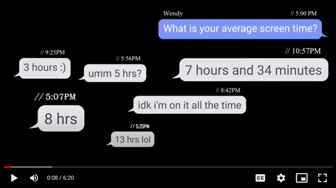 A screenshot of the eighth second of the video Wendy created for her project with a black screen with blue and gray text messages.